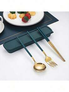 3PCS/15PCS Stainless Steel Utensil Set – Reusable Portable Travel Tableware (Chopsticks, Fork, Spoon Included), Suitable For Outdoor Picnics & Homemade Lunches