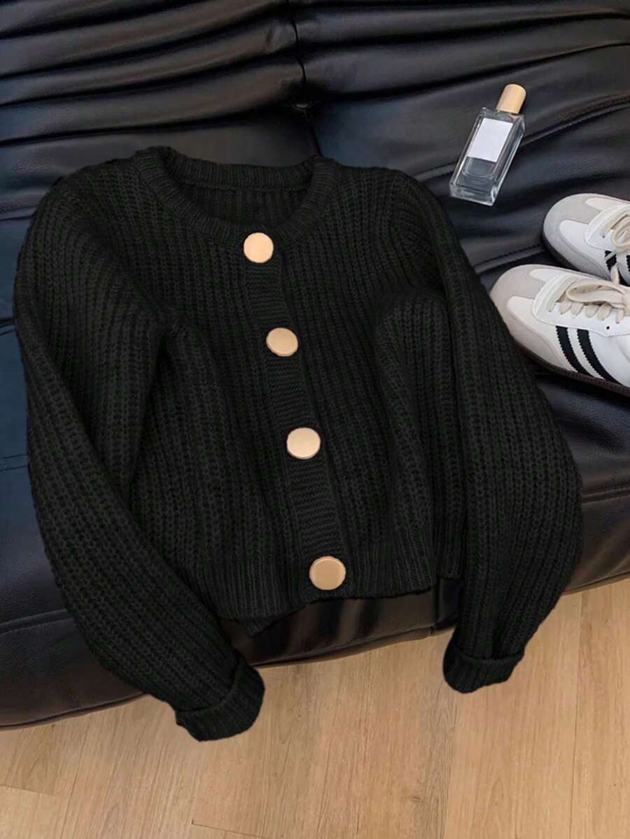 Cárdigan de mujer de unicolor acanalado con botón redondo, prenda de vestir elegante y de moda para otoño/invierno en color negro - Negro - Ver 1