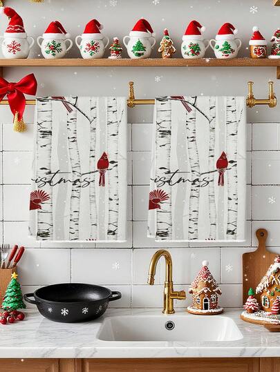 2 pièces Serviettes de cuisine de Noël avec motif aquarelle du chef en robe rouge dans la forêt de peupliers. Décorations de cuisine, lavettes