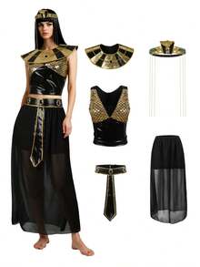 Egyptian Queen Cleopatra Costume, Black And Gold Dress With Scale Collar, Headpiece And Belt, Adult Standard Size