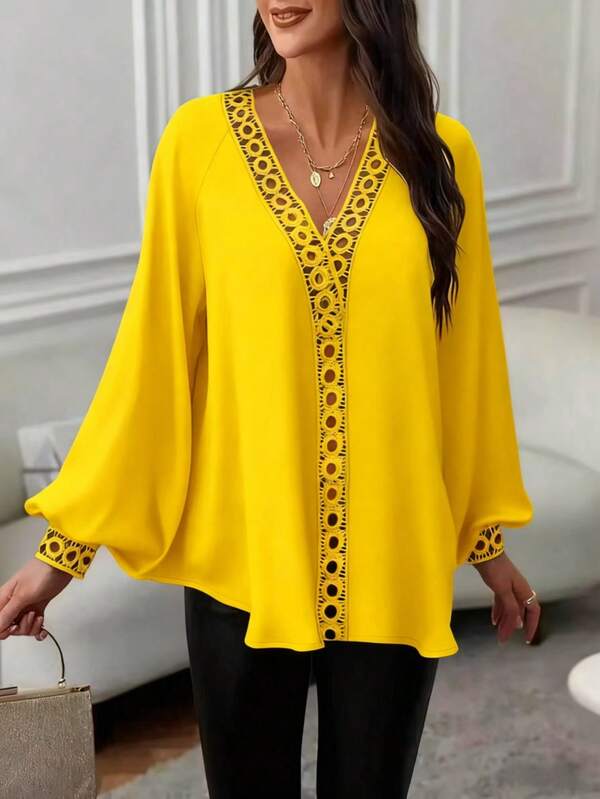 Blouse à volants à manches longues couleur unie best-seller