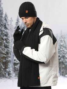 3pcs Men's Winter Knitted Beanie, Long Scarf, And Touch Screen Gloves Set, Double-Layer Thick Lining, Striped & Jacquard Pattern, Faux Fur Pom Pom, Snowflake Decor, Warm Outfit For Skiing, Travel, Cycling, Driving, Dating, Gift For Men, Daily Use