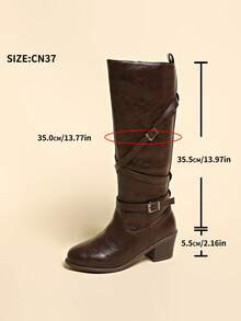 2025 Autumn New Metal Buckle Stacked Heel Boots, Thick Sole Desert Western Over-The-Knee Cowgirl Boots For Women, Side Zipper, Festive