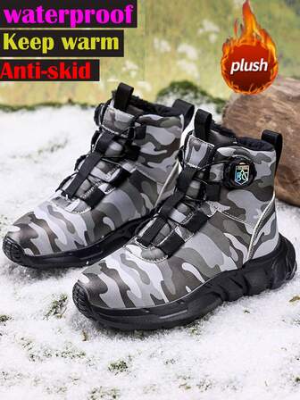 2025 New Camouflage Pattern Waterproof Rotating Lace-Up Thick Bottom Warm Plush Snow Boots For Women, Suitable For Street, Party, Riding, Ice Surface Anti-Slip, Leather Boots For Winter