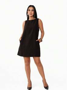 Vestido Midi Marrante Bolso Ziper Alta Costura Blogueira Tendencia QUEIMA DE ESTOQUE - Preto - Visão 1