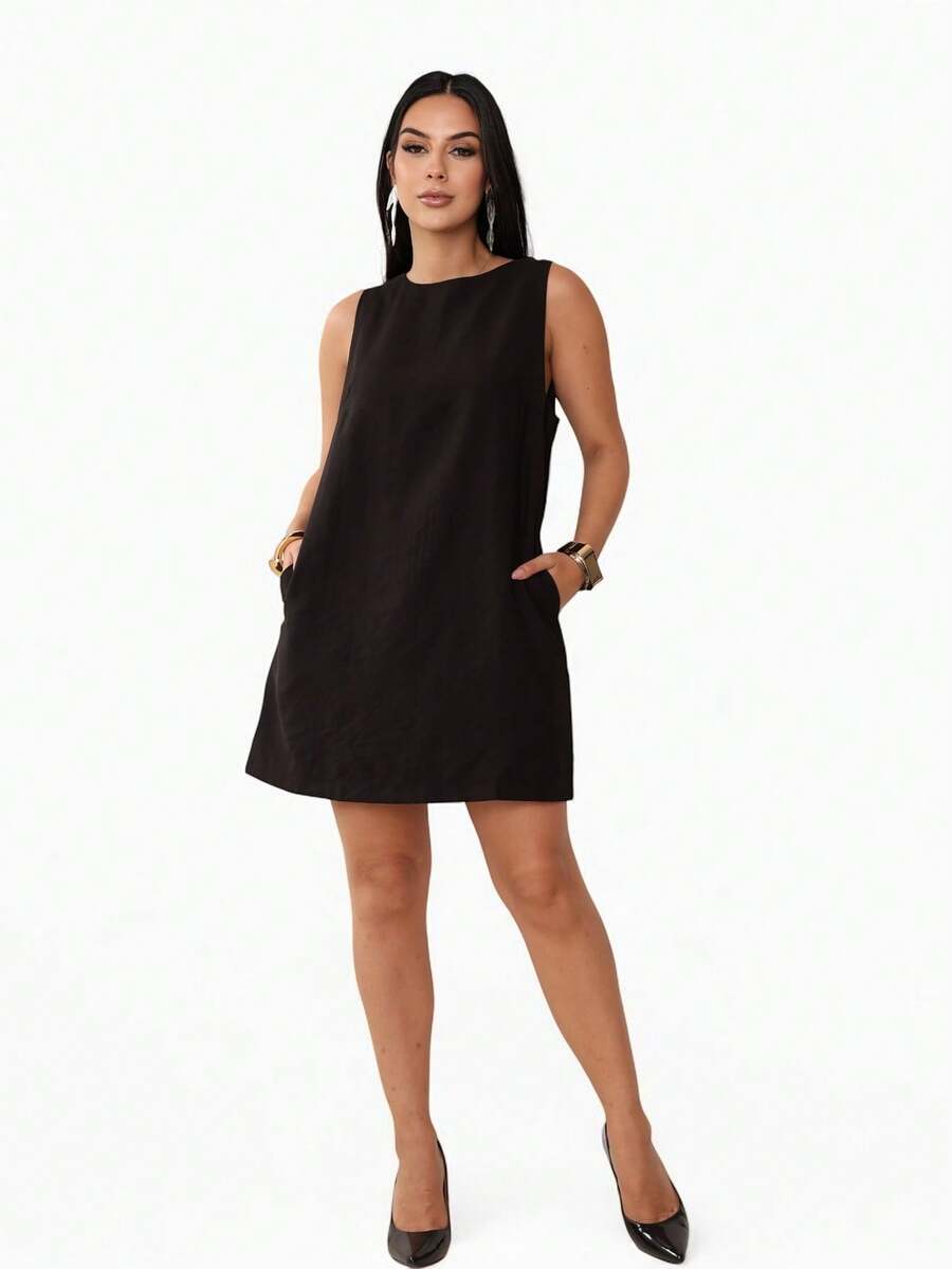 Vestido Midi Marrante Bolso Ziper Alta Costura Blogueira Tendencia QUEIMA DE ESTOQUE - Preto - Visão 1