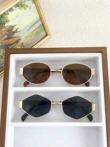 2pcs Women Fashion Glasses With Oval And Hexagonal Metal Frame New Vintage Style Polygon Glasses Daily Y2K For Beach, Vacation, Outdoor, Travel, Winter - 黑色/棕色 - 查看 1