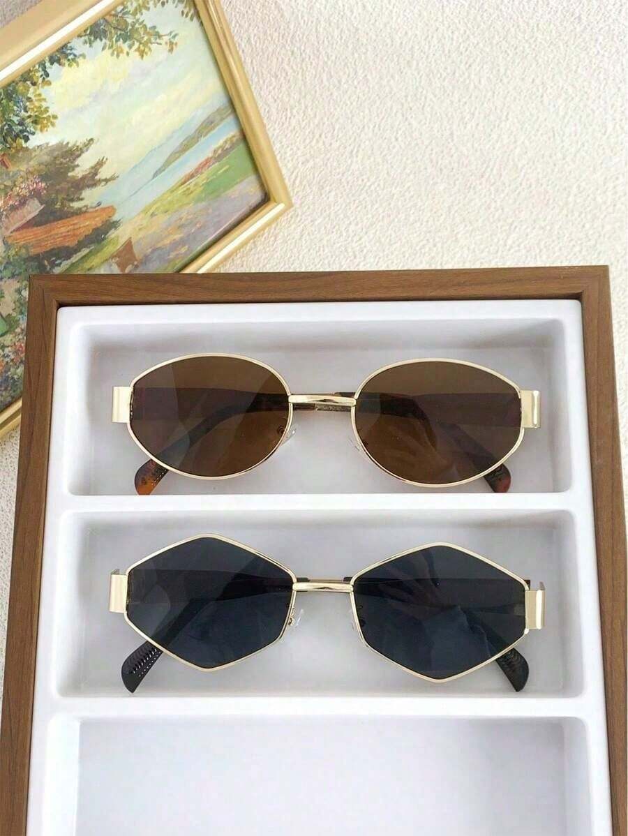 2pcs Women Fashion Glasses With Oval And Hexagonal Metal Frame New Vintage Style Polygon Glasses Daily Y2K For Beach, Vacation, Outdoor, Travel, Winter - 黑色/棕色 - 查看 1