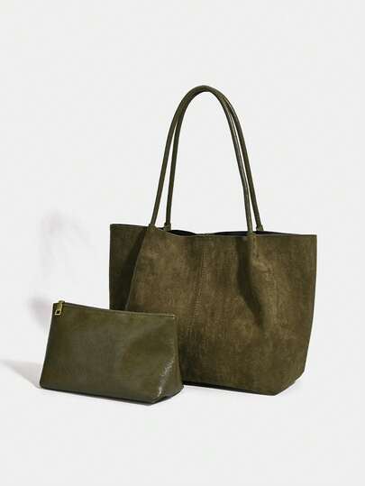 Fashionable Large Capacity Vintage Suede Tote Bag, Casual Commuter Shoulder Handbag, 2025 New Style