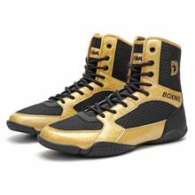 Sapatos de luta livre masculinos, sapatos de boxe de cano alto, sapatos de treino, botas de kickboxing, sapatos de artes marciais para fitness, sapatos esportivos profissionais de alta qualidade para homens, confortáveis, antiderrapantes, duráveis, respiráveis, com suporte para o tornozelo e sola texturizada. - Ouro Negro 25012 - Ver 13