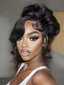 UNice 13x4蕾丝前假发，女士款，蓬松波浪层次假发，带侧刘海，可调节抽绳设计，100%真人发丝，可染色和加热造型，透气蕾丝，自然黑 - SNatural - 查看 8