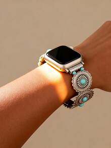 1 pieza Brazalete de turquesa con patrón bohemio, compatible con Apple Watch 38/40/41mm, Ultra/Series 3-8, pulsera de aleación con estilo retro de moda, accesorio de playa de verano, estilo nacional