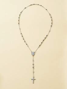 1pc 4mm Stainless Steel Beaded Necklace With Black Cross Pendant, Minimalist European & American Fashion Style Necklace For Women Daily Wear - Silver - View 3