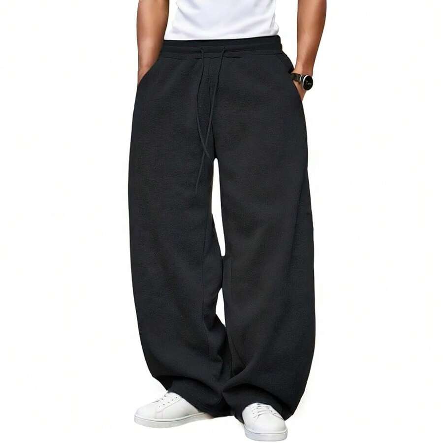 Men's Baggy Sweatpants Wide Leg With Elastic Drawstring Waist, Casual Loose Lounge Joggers With Deep Pockets Fleece Comfort{"Color_name":"Black","Size_name":"X-Large"} - FLack - View 1