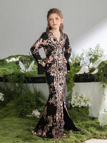 ALISA&LEO Elegant V-Neck Long Sleeve Sequin Girls' Formal Dress With Flared Cuffs And High Slit For Wedding Ceremonies, Evening Galas, Award Ceremonies, Holiday Balls, And Formal Receptions