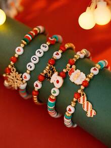 5pcs/Set Cute & Elegant Snowflake, Santa Claus, Reindeer CCB Soft Clay Fashion Bracelet Set, Vintage Chic Daily, Halloween Party, Versatile Jewelry Bracelet Gift For Women