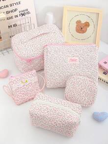 1个粉色碎花绗缝大容量化妆包，时尚便携化妆包，女孩旅行化妆包，多功能收纳包，可装口红、卫生巾、硬币、钥匙、发夹、发圈等，可爱洗漱包，旅行化妆收纳包，母亲节礼物，开学礼物，新年礼物 - 粉色 - 查看 2