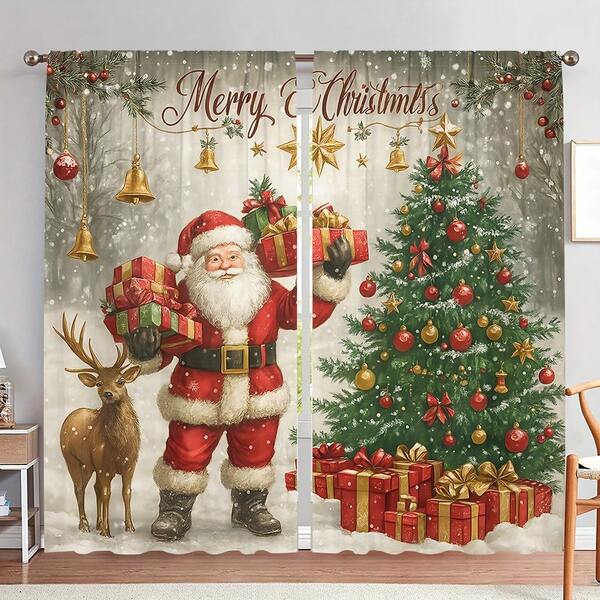 2 pezzi Set di tende da finestra per decorazione natalizia, stampa 2D di Babbo Natale, albero di Natale, palline di Natale, motivo a foglie di pino, con passante per asta, tende oscuranti, adatte per soggiorno, cucina, studio, hotel, ristorante e decorazione domestica