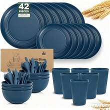 Juego de platos y cuencos de cocina, 42 piezas, juego de vajilla de paja de trigo de plástico, plato de cena/plato de postre, tazón de cereales, taza/cubiertos, apto para lavaplatos y - Marino - Ver 6