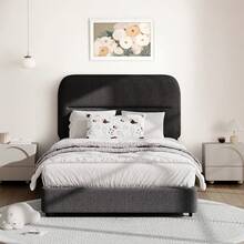 Queen Bed Frame With Headboard, Boucle Upholstered Soft Platform Bed Frame With Thickened Footboard,  Rounded Corners Design, Twin/ Full/ Queen/ King, Grey/ White/ Beige/ White/ Black - 灰色 - 查看 14