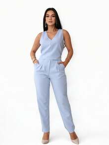 Tailored Set Elegant Set Set Of Wide Leg Pants And Blouse - 藍色 - 查看 1