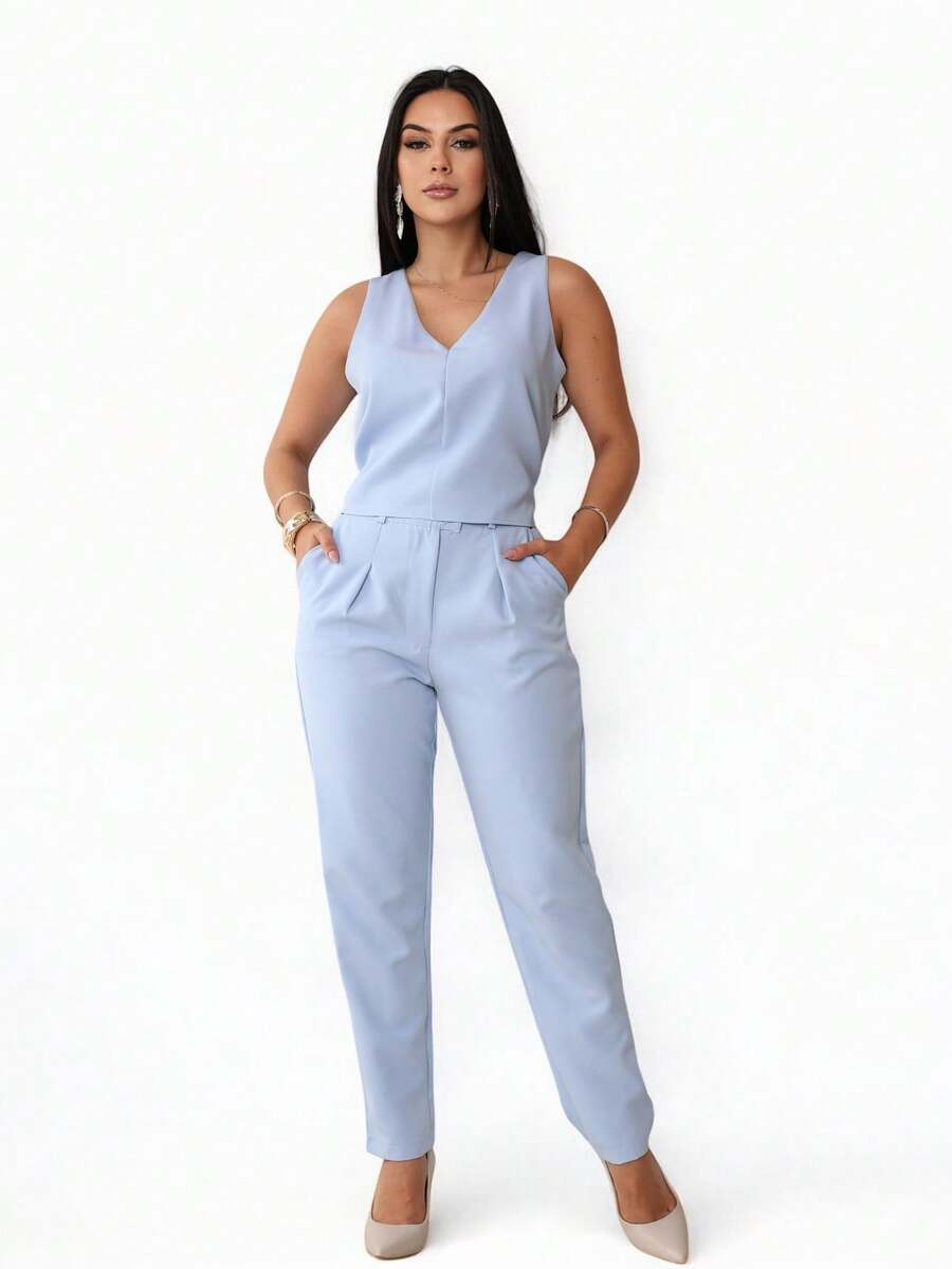 Tailored Set Elegant Set Set Of Wide Leg Pants And Blouse - 藍色 - 查看 1
