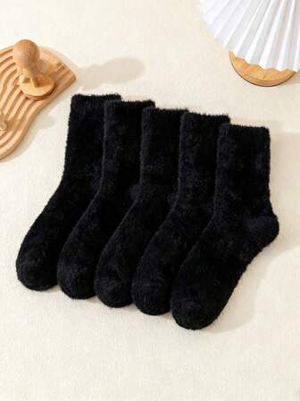 5 Pairs Solid Color Faux Fur Warm Cozy Mid-Calf Socks For Women, Autumn/Winter