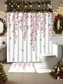 1 buc perdea de duș roz cu flori de cireș japoneze Sakura florale de primăvară decorative perdea de baie decor de Crăciun