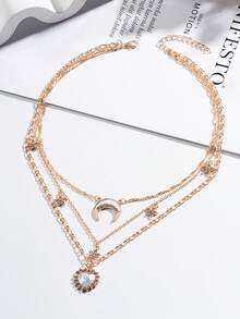 1pc Multilayer Crystal Heart & Moon Pendant Necklace For Women, Suitable For Daily, Date, Vacation, Wedding, Holiday Wear, Birthday, Mother's Day, Valentine's Day Gift