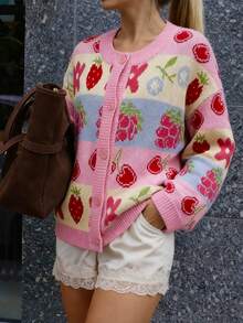 Gilet en tricot pour femmes, nouveau style automne/hiver, décontracté minimaliste, doux et polyvalent, retour à l'école, jacquard confortable, tout-aller, motif de fruits et de fleurs intarsia, col rond mignon