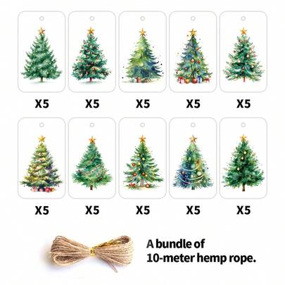 50 Stücke Weihnachtsbaum Geschenkanhänger mit Seil, grüne Aquarell Weihnachtsbaum Papier Geschenkanhänger, Weihnachten Winter Hängende Etiketten für Geschenkverpackung & DIY Basteln, Party Dekoration