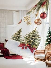 1 pieza Cortina decorativa de tul navideña, adecuada para sala de estar, dormitorio, cocina, fiesta navideña, estrella de Navidad, fruta navideña, globo dorado, rama de pino navideña, árbol de Navidad, 100g/㎡