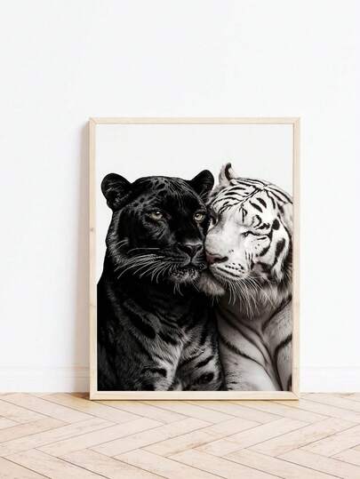 1pc Frameless Fashionable Animal Print Wall Art, Leopard White Tiger Black And White Poster Print, Boho Chic Aesthetic Decor For Apartment, Living Room, Bedroom, Dorm