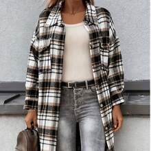 Chaqueta larga con botones en la parte delantera a cuadros para mujer - Negro - Ver 9