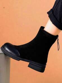 厚底靴，2025年冬季新款毛绒细长靴，厚跟绒面革高端保暖靴，保暖时尚切尔西踝靴，女士中筒靴 - 黑色 - 查看 5