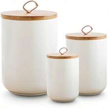 3-Piece Ceramic Kitchen Canister Set With Wooden Lids, Airtight Food Storage Containers For Countertop Organization, Pantry Jar For Coffee, Flour, Sugar, Cereal, Spices