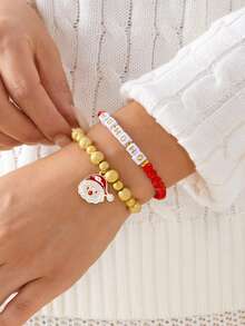 2 piezas/paquete Brazalete con colgantes de Papá Noel, árbol de Navidad, caramelo, muñeco de nieve y bastón de caramelo con letras navideñas - Elementos navideños de moda y versátiles para fiestas, eventos y regalos (color aleatorio - sin tarjeta)