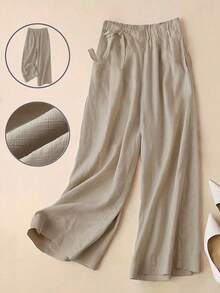 Women's High Waist Linen Blend Wide Leg Pants, Casual & Office Wear, Elastic Waistband, Side Tie, 7/8 Length, Khaki, Spring/Summer