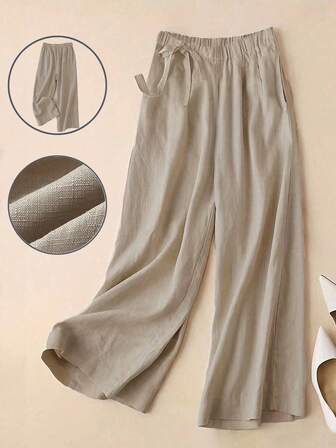 Women's High Waist Linen Blend Wide Leg Pants, Casual & Office Wear, Elastic Waistband, Side Tie, 7/8 Length, Khaki, Spring/Summer