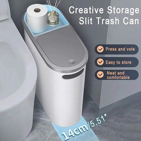 Slim Trash Can Press Lid Compact Waste Bin For Bathroom Kitchen Bedroom Modern Design And Grey For Spaces And Reusable Garbage Container