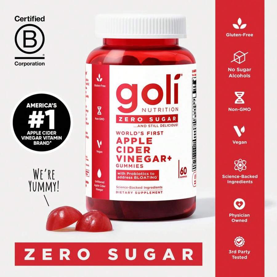 Goli Nutrition Goli Zero Sugar World's First Apple Cider Vinegar Gummies - Vitamin B12, Probiotics To Address Bloating. Vegan, Plant Based, Non-GMO, Gluten-Free & Gelatin-Free - 1 - 查看 1