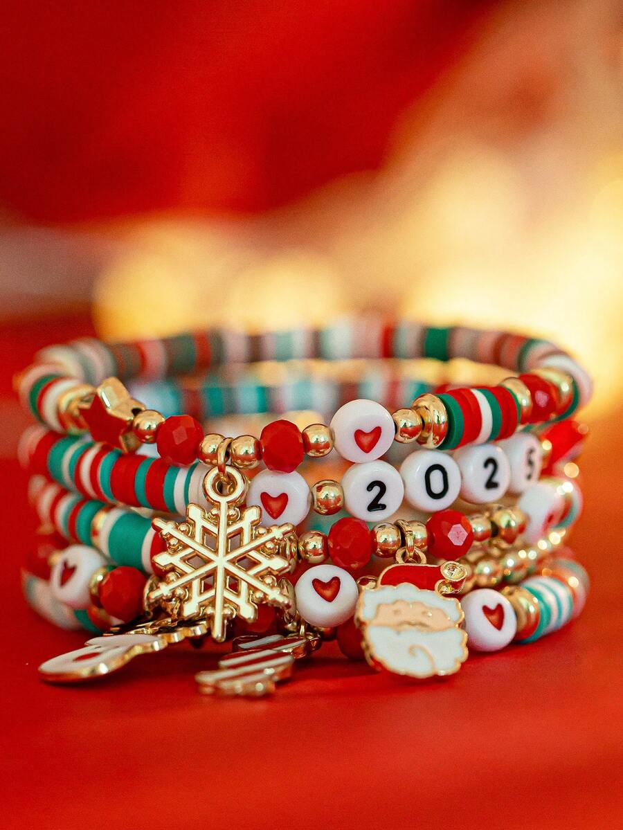 5pcs/Set Cute & Elegant Snowflake, Santa Claus, Reindeer CCB Soft Clay Fashion Bracelet Set, Vintage Chic Daily, Halloween Party, Versatile Jewelry Bracelet Gift For Women