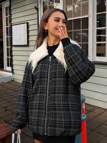 Livesso Jaqueta grossa casual de rua, com gola de pele solta, manga comprida, bolso com zíper, xadrez, patchwork, feminina, acolchoada, para outono/inverno - Cinza - Ver 6