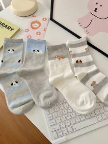 1/4 Pair Cute Striped Puppy Design Comfortable Mid-Calf Socks, Versatile For Autumn/Winter