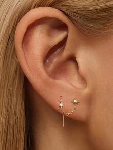 EleRunis 1pc 925 Sterling Silver Rhinestone Long Tassel Cartilage Earring Studs For Women, Daily Wear, Wedding, Party, Valentine's Day Jewelry - Gold - View 4