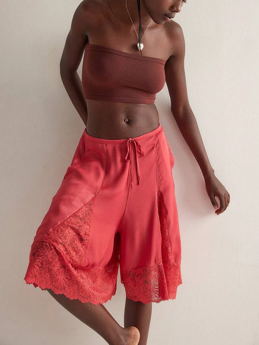 Womens Free Lace Trim Patchwork Wide Leg Half Slip People Fp Knee Length Ruffle Hem Flowy Shorts With Pockets Y2k Going Out Swing Drawstring Bloomer Skort Cute Low Rise Satin Capri Mid Pants - Red - View 1