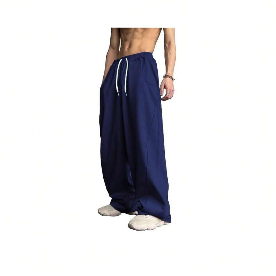 WZIKAI Men's Baggy Sweatpants Elastic Waist Drawstring Wide Leg Sweatpants Casual Loose Baggy Joggers With Pockets{"Size_name":"3X-Large","Color_name":"NavyBlue"} - 海軍藍 - 查看 1