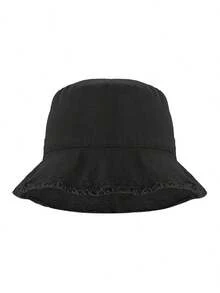 Frayed Bucket Hats Plain Cotton Distressed Outdoor Vintage Summer Beach Sun Hat - 黑色 - 查看 5