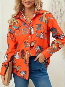 Everyday Comfort | Elegant Orange Dragon Print Shirt With Lace Fringe Detail - Vintage Style Long Sleeve Women's Shirt For Fall/Winter, Polyester, Opaque, Elegant Business Wear | Vintage Style Shirt - trái cam - Xem 2