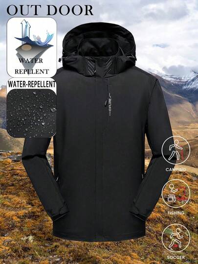 Men's Outdoor Sports Windproof Waterproof Jacket, Solid Color Windbreaker Jacket